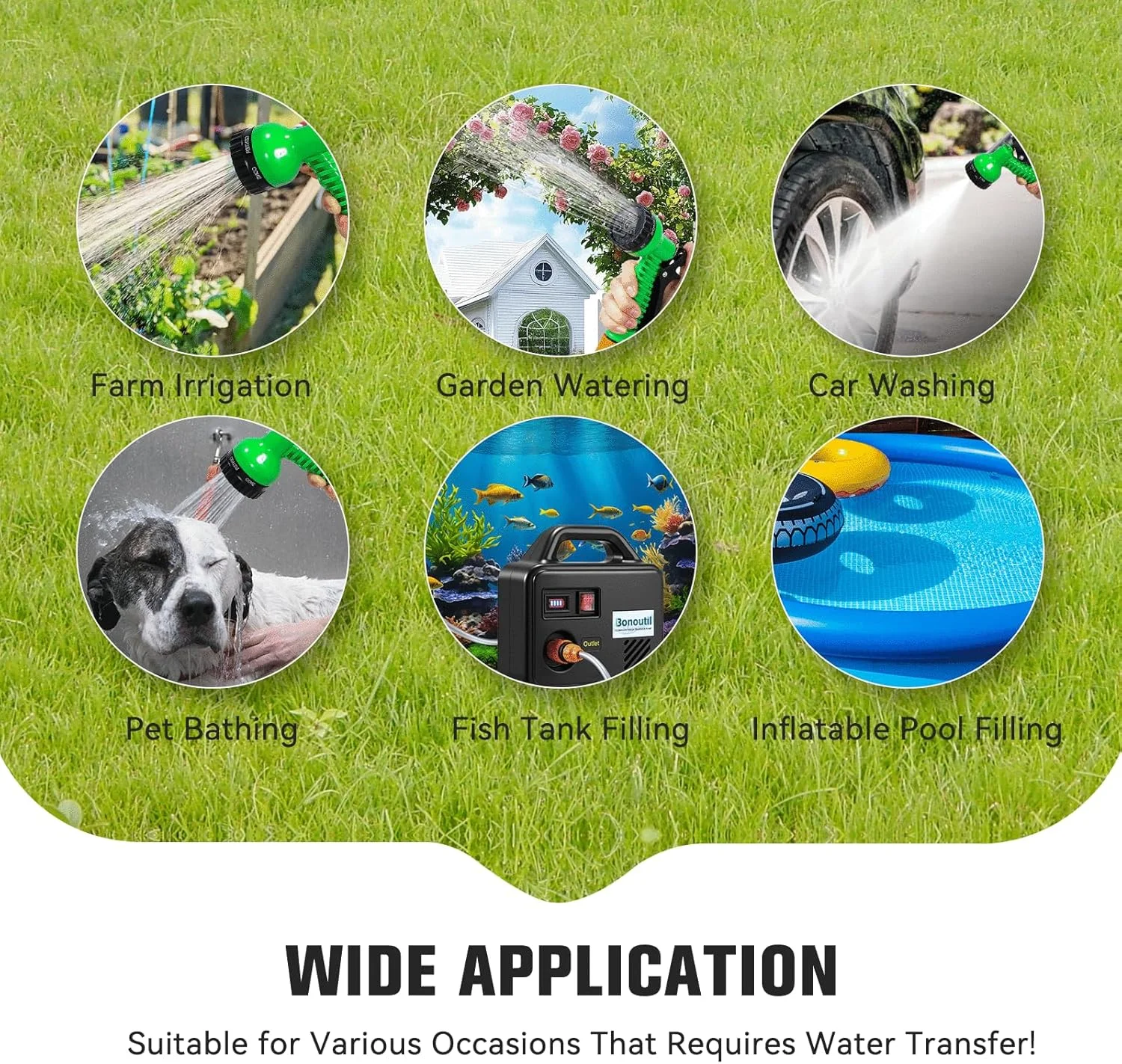 پمپ آب باتری خور 21 ولت Bonoutil، پمپ انتقال آب بی سیم 240GPH، دارای نازل شلنگ باغی با 7 حالت اسپری برای آبیاری، شستشوی خودرو، وان، آکواریوم، استخر بادی (مشکی)