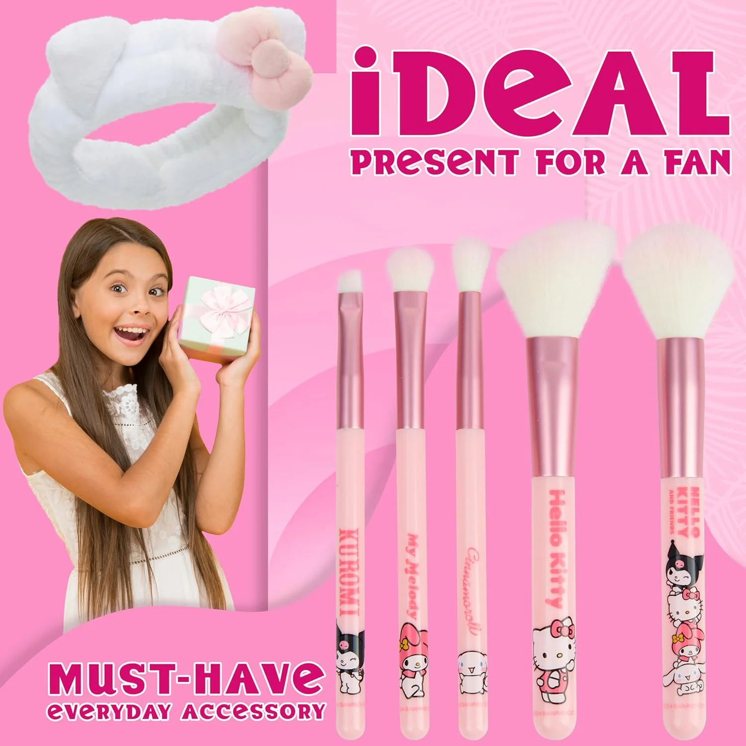 ست براش آرایشی 5 تکه هلو کیتی به همراه هدبند آرایشی نرم و فانتزی، مناسب خانم ها، نوجوانان و دختران، شامل براش پودر، براش سایه چشم، ست زیبایی، انیمه، هدیه های کیوت