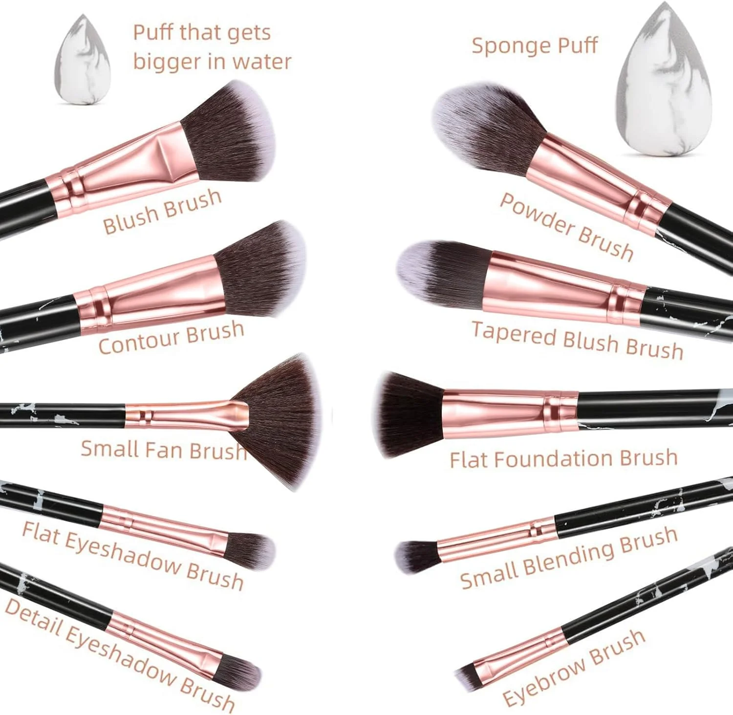 ست برس آرایشی حرفه ای HEYMKGO طرح سنگ مرمر، موهای نرم و بدون بو، مصنوعی و طبیعی، 10 عدد برس آرایشی + 2 عدد اسفنج آرایشی + کیف لوازم آرایشی (مشکی)