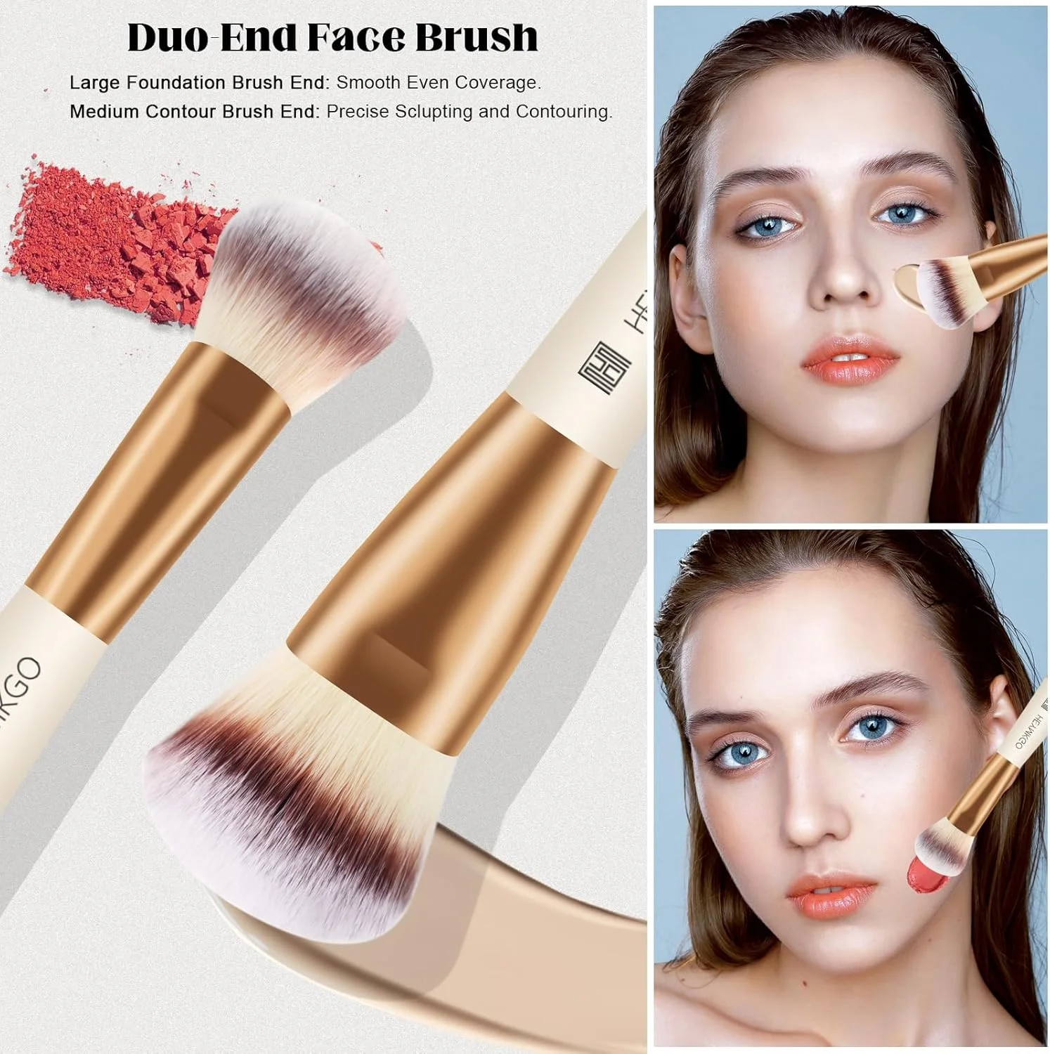 HEYMKGO ست 4 عددی براش آرایشی کابوکی دو سر - زردآلویی - موهای مصنوعی و طبیعی - براش های کرم پودر، پودر، رژگونه، کانتور، کانسیلر، سایه چشم