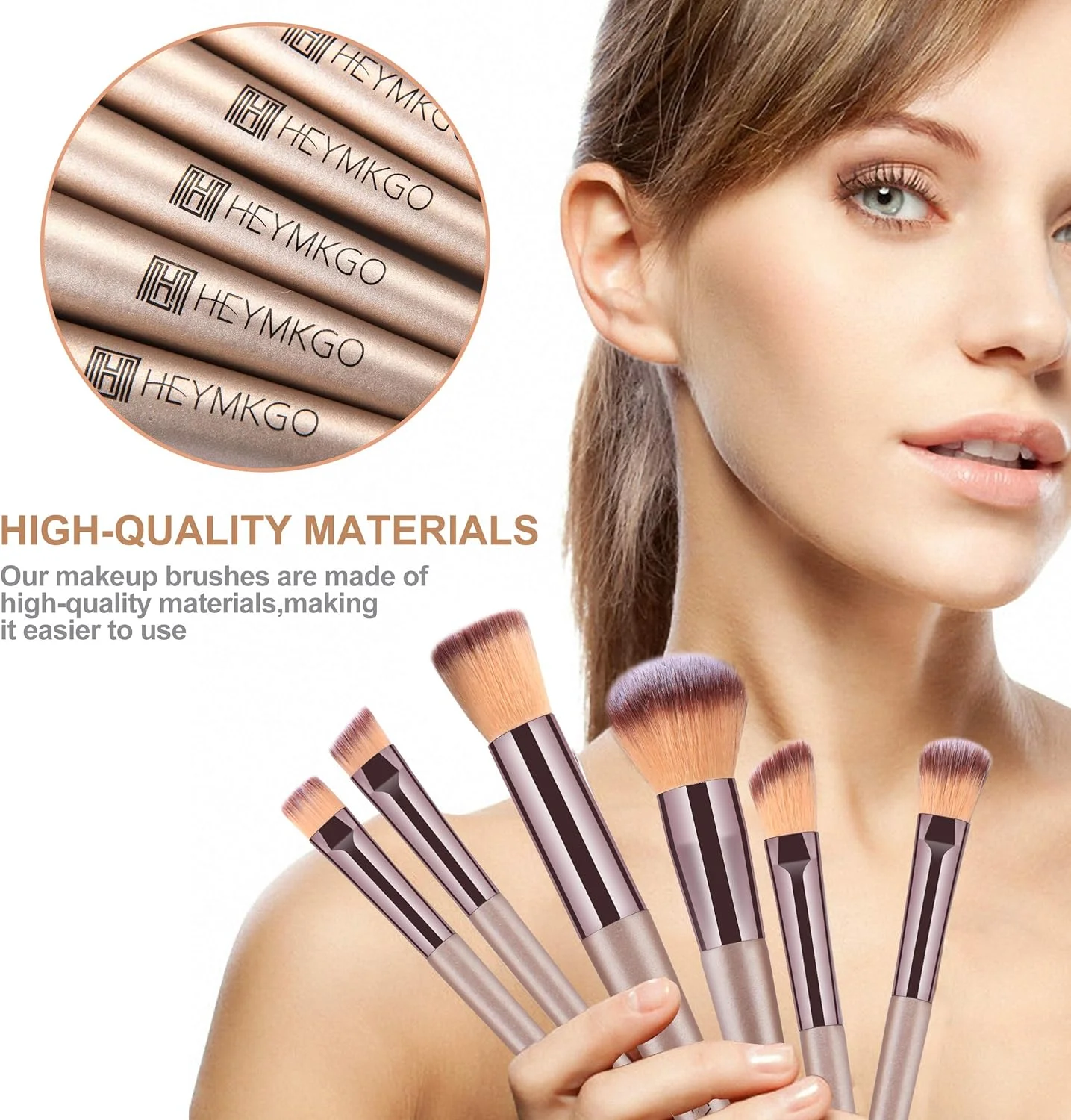 ست برس آرایشی 15 تکه حرفه ای HEYMKGO، کیت برس های آرایشی طلایی شامپاین برای کرم پودر، پودر، رژگونه، کانسیلر، همراه با کیف آرایشی