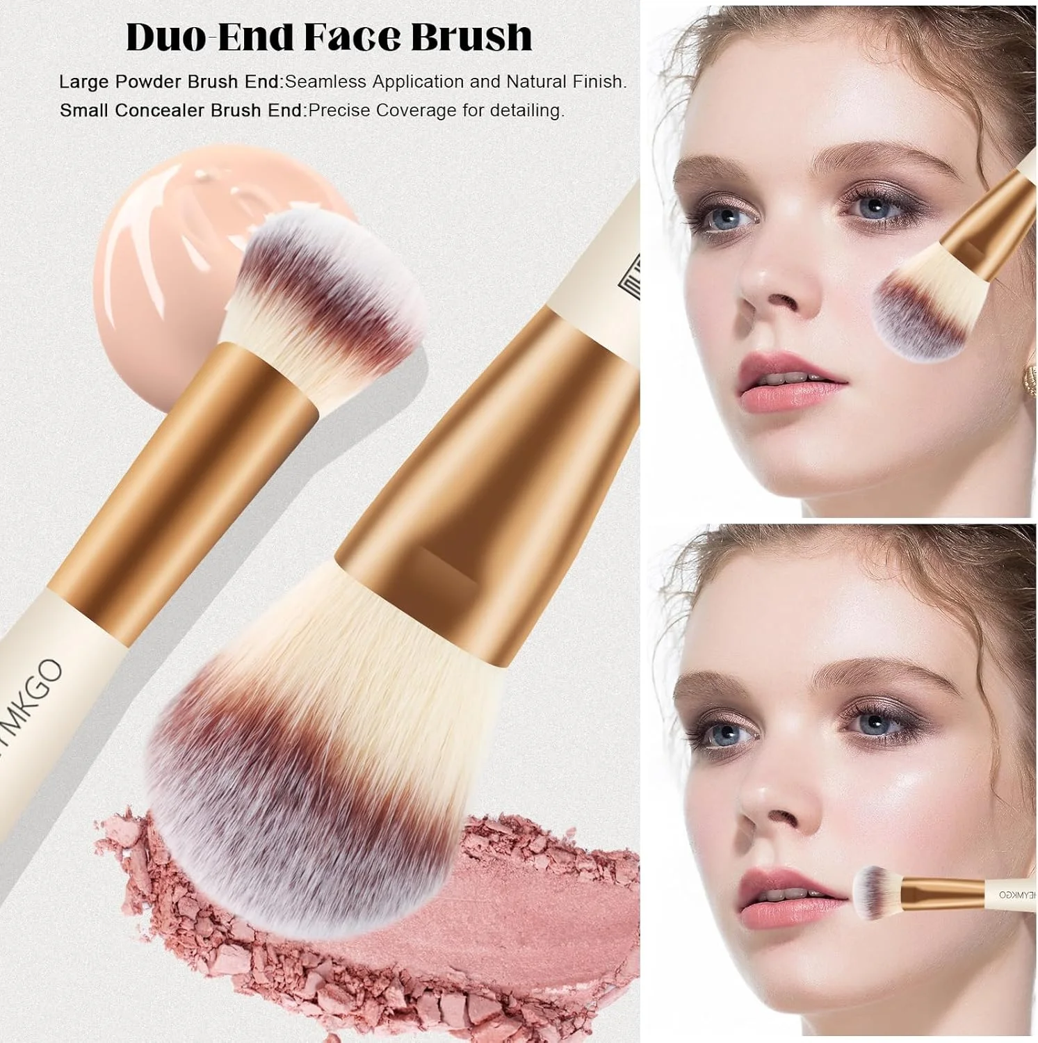 HEYMKGO ست 4 عددی براش آرایشی کابوکی دو سر - زردآلویی - موهای مصنوعی و طبیعی - براش های کرم پودر، پودر، رژگونه، کانتور، کانسیلر، سایه چشم