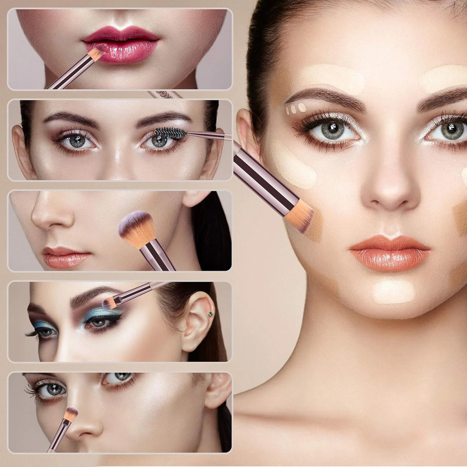 ست برس آرایشی 15 تکه حرفه ای HEYMKGO، کیت برس های آرایشی طلایی شامپاین برای کرم پودر، پودر، رژگونه، کانسیلر، همراه با کیف آرایشی