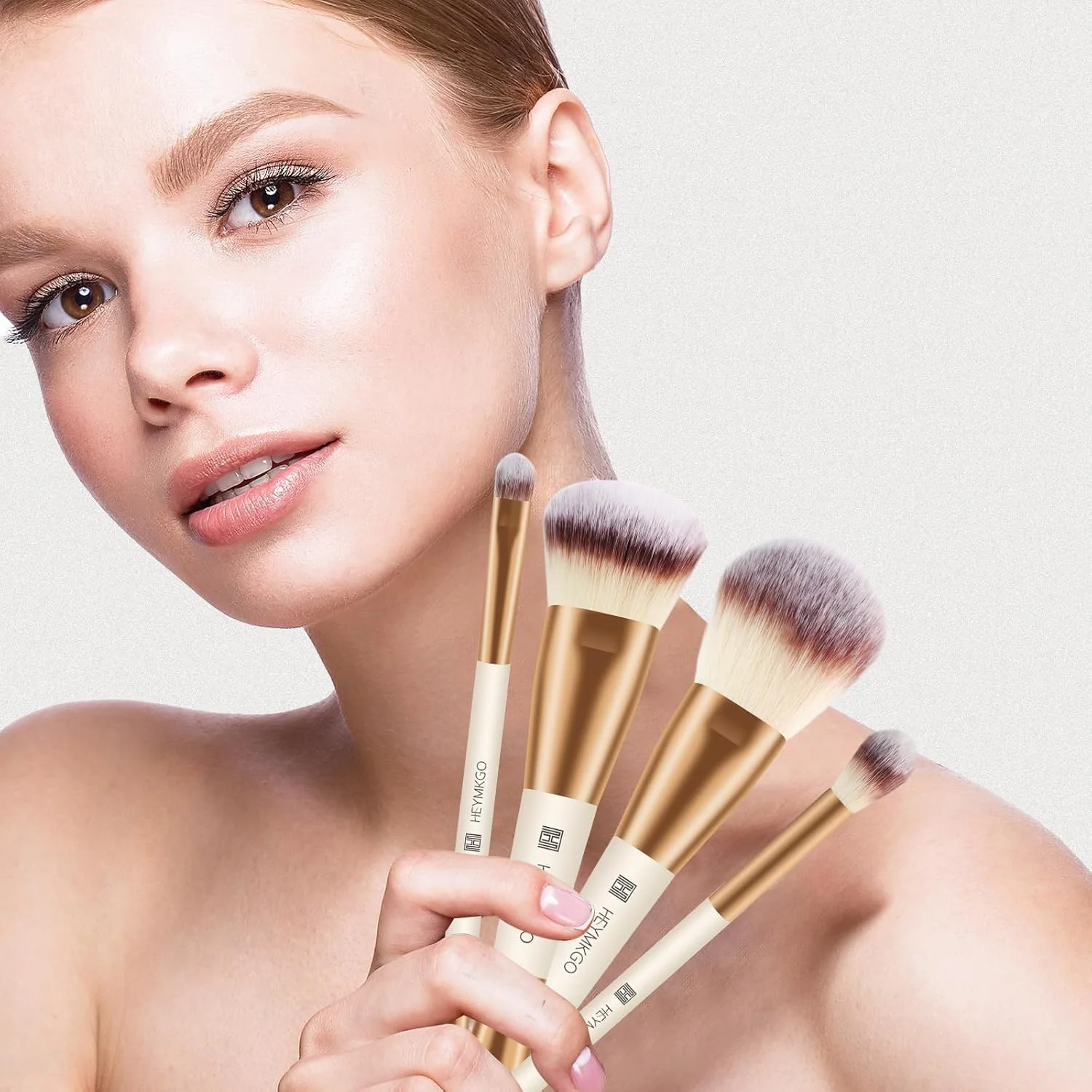 HEYMKGO ست 4 عددی براش آرایشی کابوکی دو سر - زردآلویی - موهای مصنوعی و طبیعی - براش های کرم پودر، پودر، رژگونه، کانتور، کانسیلر، سایه چشم
