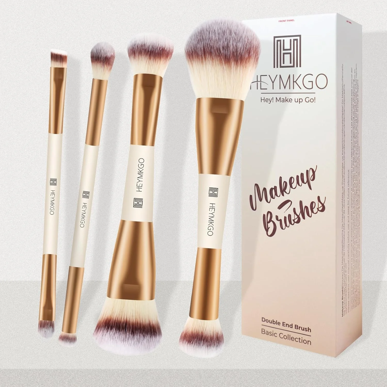 HEYMKGO ست 4 عددی براش آرایشی کابوکی دو سر - زردآلویی - موهای مصنوعی و طبیعی - براش های کرم پودر، پودر، رژگونه، کانتور، کانسیلر، سایه چشم
