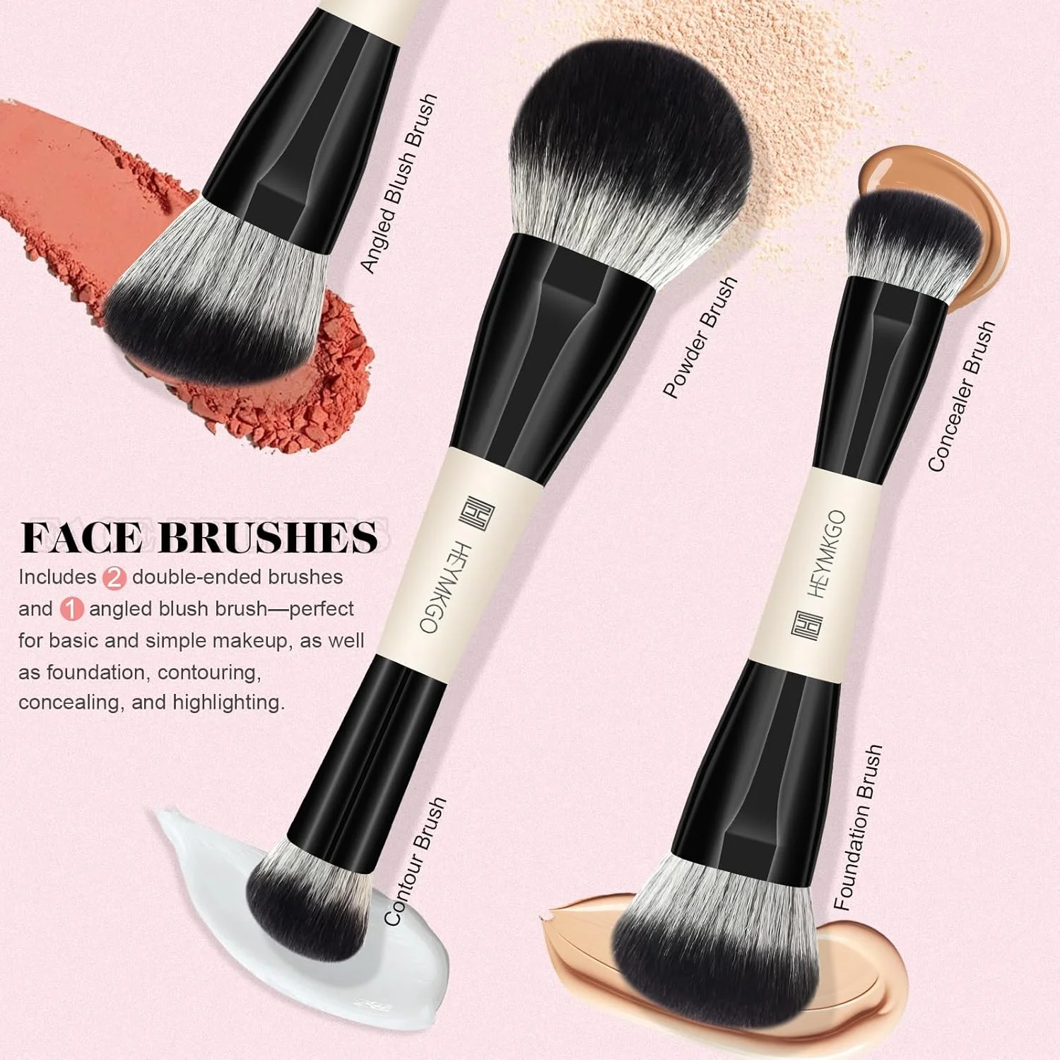 ست برس آرایشی 12 عددی HEYMKGO، برس های دو طرفه، حرفه ای، ممتاز، مصنوعی، شامل برس های کرم پودر، پودر، کانتور، رژگونه، ترکیب کننده، ابرو، سایه چشم، خط چشم، کانسیلر به همراه کیف نگهداری