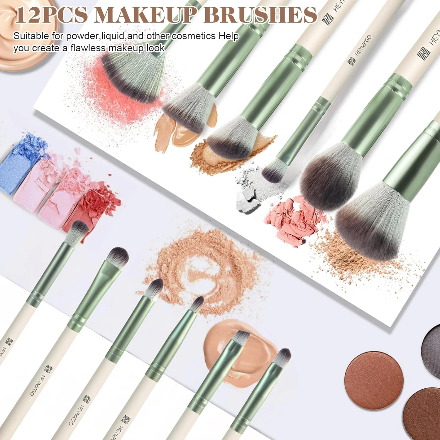 ست براش آرایشی 12 عددی HEYMKGO، برس های آرایشی حرفه ای، مجموعه برس ممتاز مصنوعی برای کرم پودر، رژگونه، ترکیب، لب، سایه چشم، ابرو به همراه کیف مسافرتی