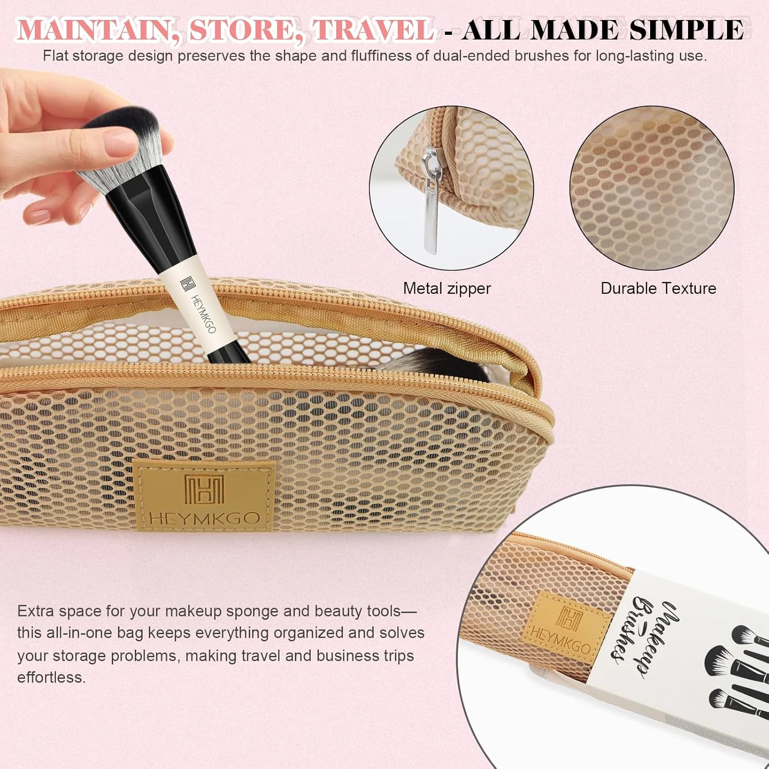 ست برس آرایشی 12 عددی HEYMKGO، برس های دو طرفه، حرفه ای، ممتاز، مصنوعی، شامل برس های کرم پودر، پودر، کانتور، رژگونه، ترکیب کننده، ابرو، سایه چشم، خط چشم، کانسیلر به همراه کیف نگهداری