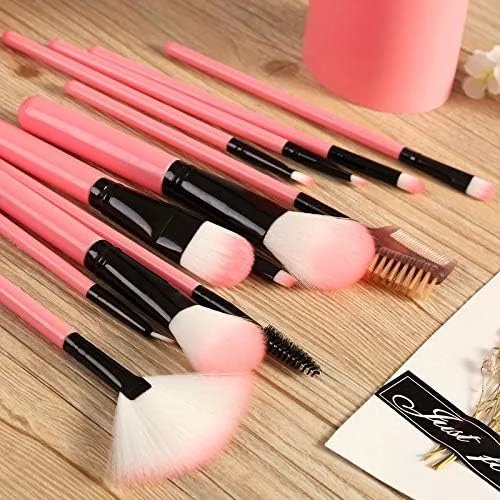 ست 12 عددی برس آرایشی بهداشتی، ابزار سایه چشم، کرم پودر، ابرو، برس لب، لوازم آرایشی، کیف نگهدارنده چرمی (مشکی)، ابزار آرایش (رنگ: صورتی)