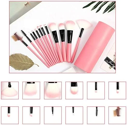 ست 12 عددی برس آرایشی بهداشتی، ابزار سایه چشم، کرم پودر، ابرو، برس لب، لوازم آرایشی، کیف نگهدارنده چرمی (مشکی)، ابزار آرایش (رنگ: صورتی)