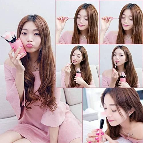 ست 12 عددی برس آرایشی بهداشتی، ابزار سایه چشم، کرم پودر، ابرو، برس لب، لوازم آرایشی، کیف نگهدارنده چرمی (مشکی)، ابزار آرایش (رنگ: صورتی)