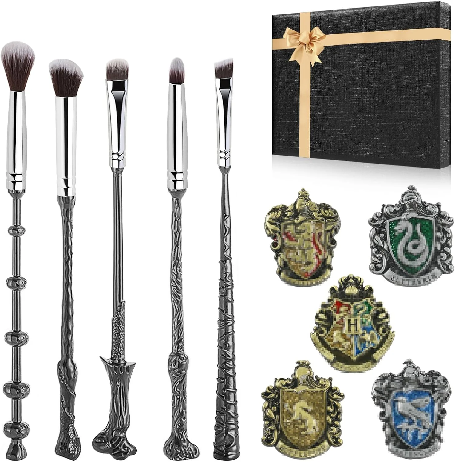 ست برس آرایشی هری با 5 سنجاق سینه از گروه های مدرسه جادوگری، ست هدیه برس آرایشی پاتر برای دختران و زنان، هدیه تولد کریسمس برای کودکان