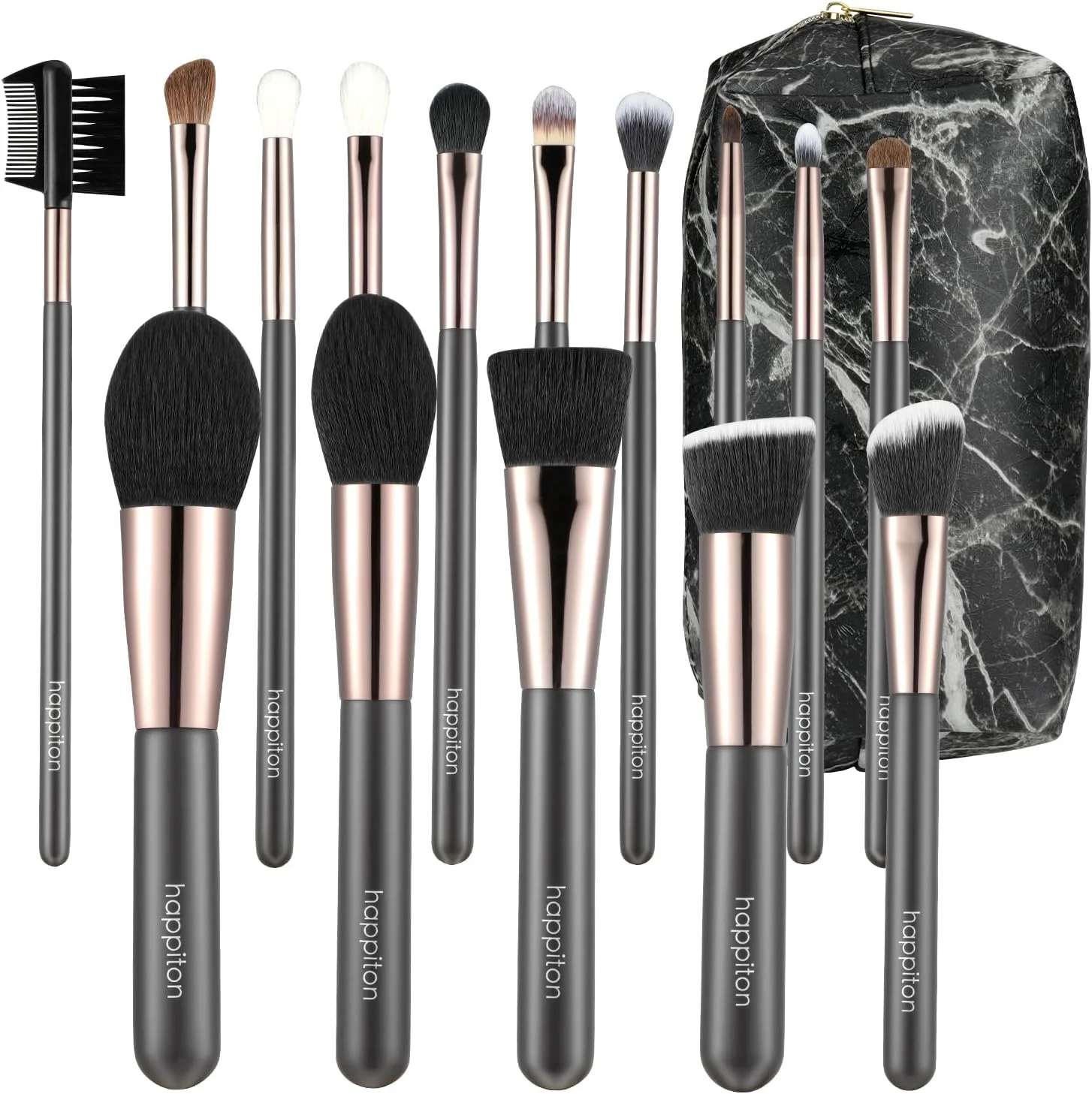ست برس آرایشی 15 تکه حرفه ای HAPPITON - موهای نرم مصنوعی برای کرم پودر، کانسیلر، سایه چشم، ترکیب صورت و چشم به همراه کیف آرایشی مسافرتی