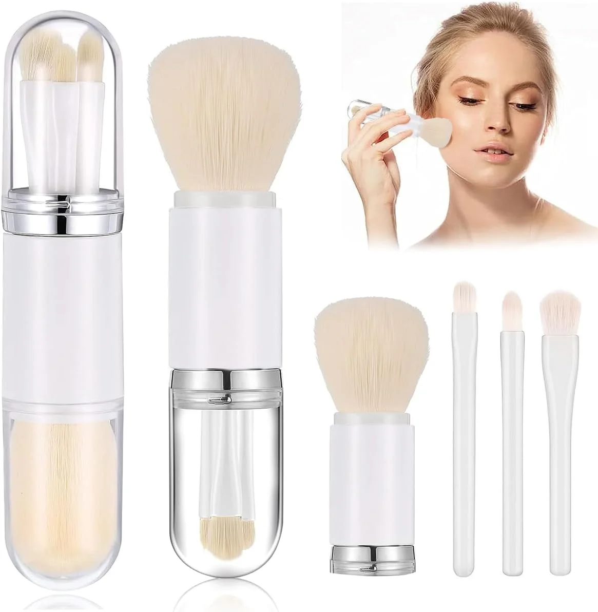 ست برس آرایشی مینی 4 در 1 HASTHIP® YourBrand، برس قابل حمل و ضروری برای سفر، کانسیلر، سایه چشم، هایلایتر، رژ لب، برس های آرایشی فشرده و مصنوعی برای صورت و چشم