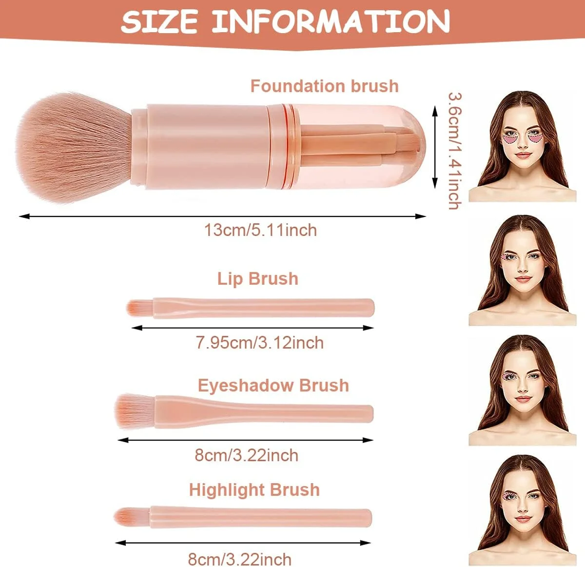 ست برس آرایشی 4 در 1 قابل حمل HANNEA®، شامل برس پودر، برس کرم پودر، برس لب، برس هایلایتر، برس سایه چشم، کیت برس لوازم آرایشی کوچک جمع شونده (رنگ نود)