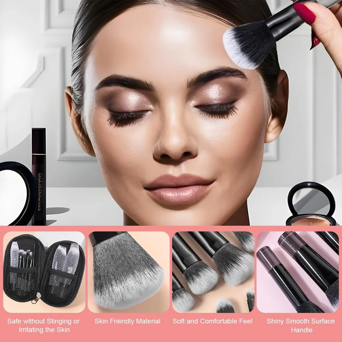 HANNEA® ست برس آرایشی 10 عددی، ست برس آرایشی مسافرتی حرفه ای، ست برس لوازم آرایشی کامل و کوچک، برس های آرایشی صورت و چشم با کیف برس برای کرم، مایع و پودر (مشکی)