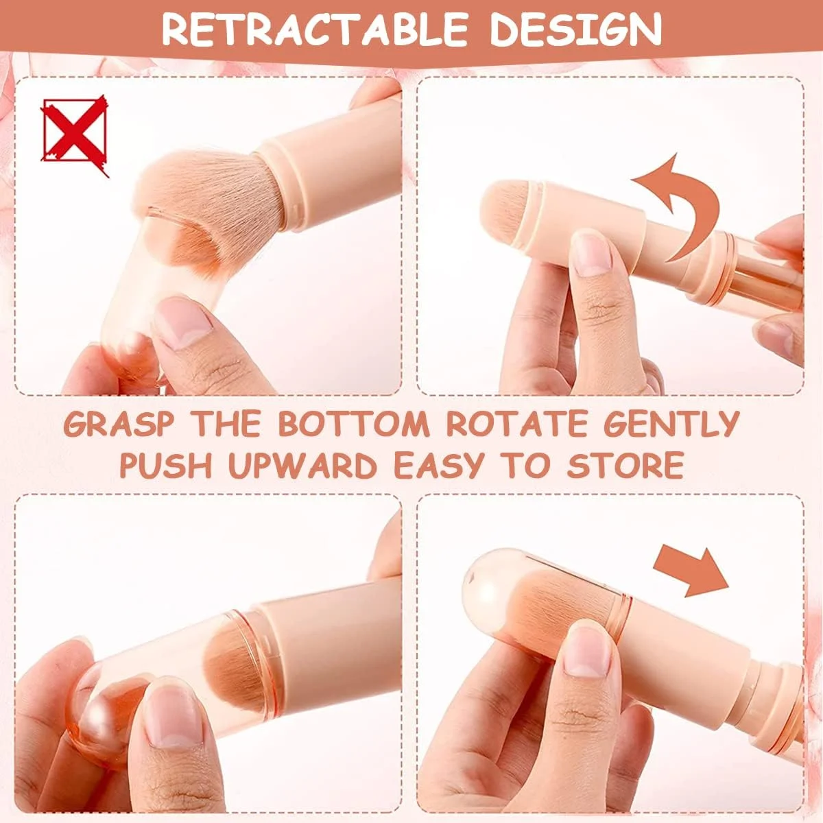 ست برس آرایشی 4 در 1 قابل حمل HANNEA®، شامل برس پودر، برس کرم پودر، برس لب، برس هایلایتر، برس سایه چشم، کیت برس لوازم آرایشی کوچک جمع شونده (رنگ نود)