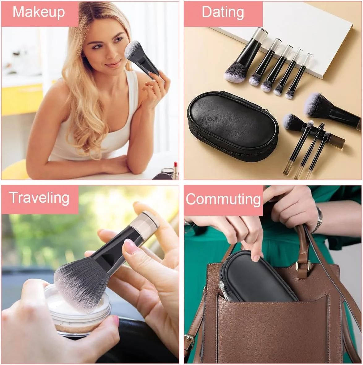 HANNEA® ست برس آرایشی 10 عددی، ست برس آرایشی مسافرتی حرفه ای، ست برس لوازم آرایشی کامل و کوچک، برس های آرایشی صورت و چشم با کیف برس برای کرم، مایع و پودر (مشکی)