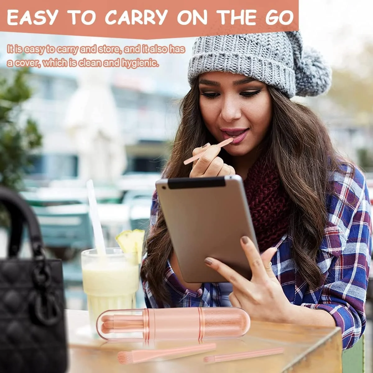 ست برس آرایشی 4 در 1 قابل حمل HANNEA®، شامل برس پودر، برس کرم پودر، برس لب، برس هایلایتر، برس سایه چشم، کیت برس لوازم آرایشی کوچک جمع شونده (رنگ نود)