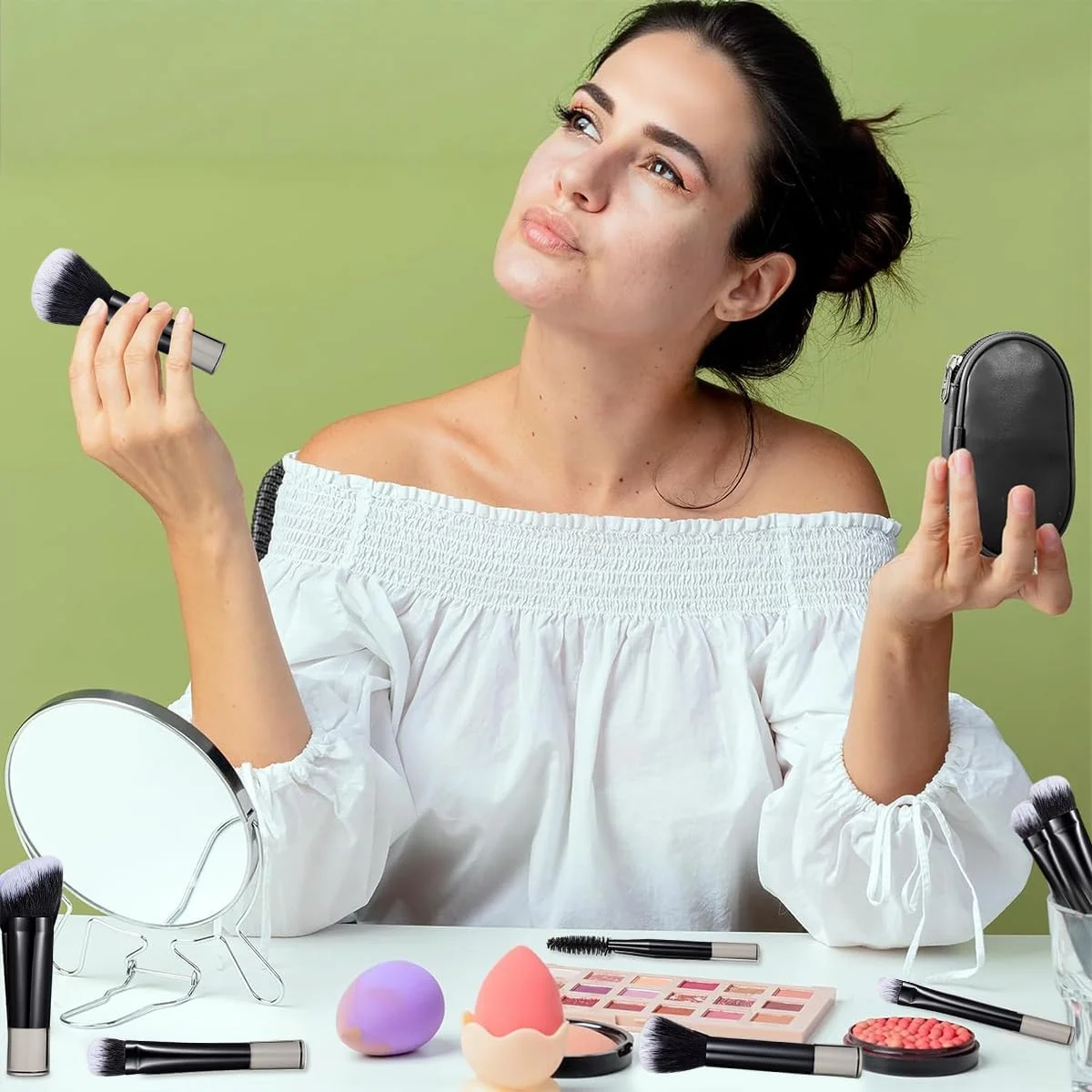 HANNEA® ست برس آرایشی 10 عددی، ست برس آرایشی مسافرتی حرفه ای، ست برس لوازم آرایشی کامل و کوچک، برس های آرایشی صورت و چشم با کیف برس برای کرم، مایع و پودر (مشکی)