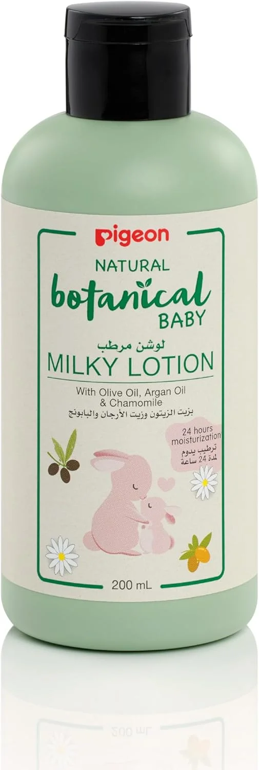 لوسیون شیری کودک پیigeon با عصاره های گیاهی طبیعی، حاوی روغن آرگان، روغن زیتون و بابونه، ضد حساسیت، مناسب برای پوست حساس، مرطوب کننده روز و شب، 200 میلی لیتر