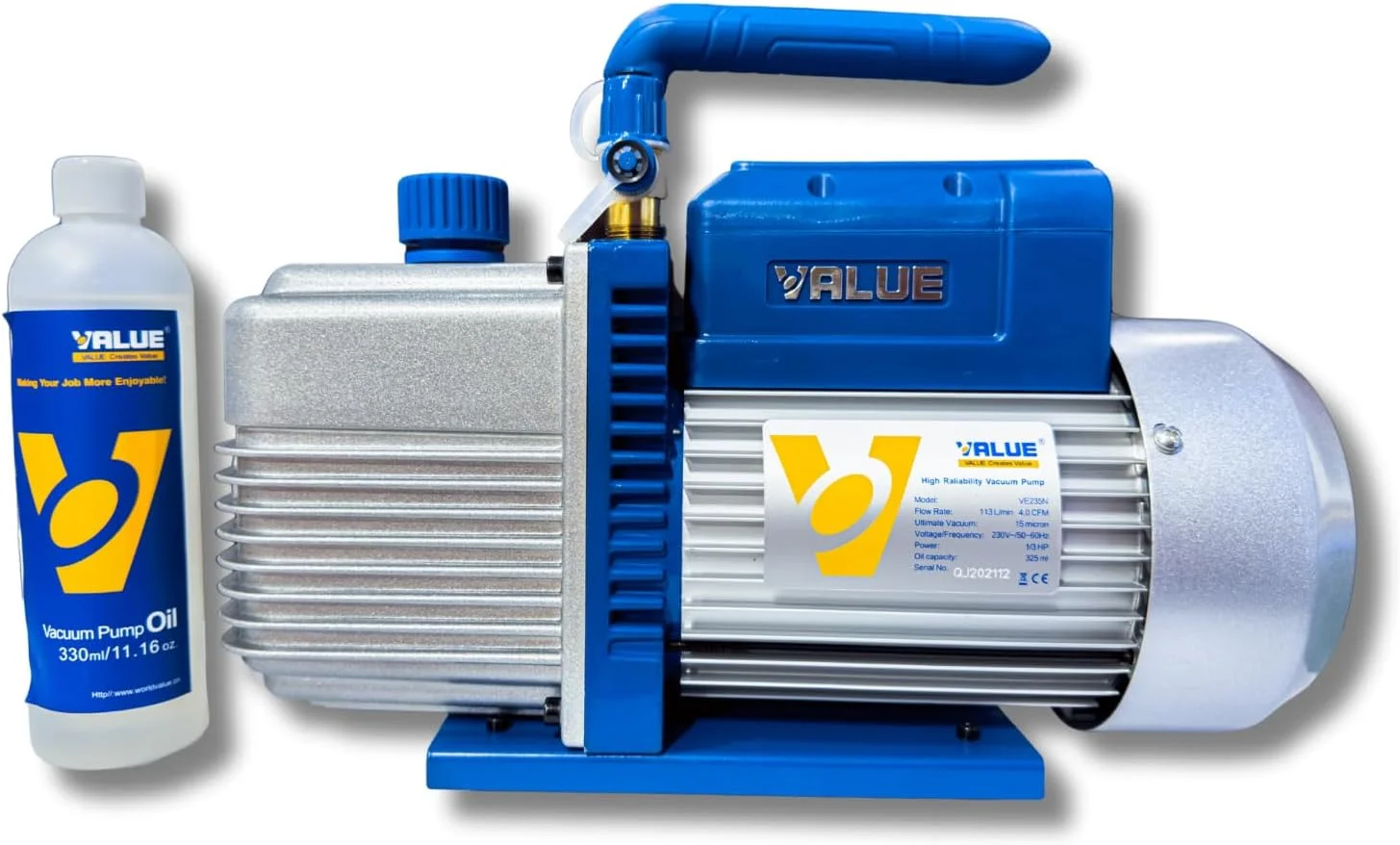 پمپ وکیوم دو مرحله ای روتاری VALUE VE235N | 3.5 CFM، موتور 1/3 اسب بخار، وکیوم عمیق 15 میکرون | پمپ روغن مهر و موم شده قابل اعتماد برای سرویس HVAC، تبرید و کاربردهای آزمایشگاهی