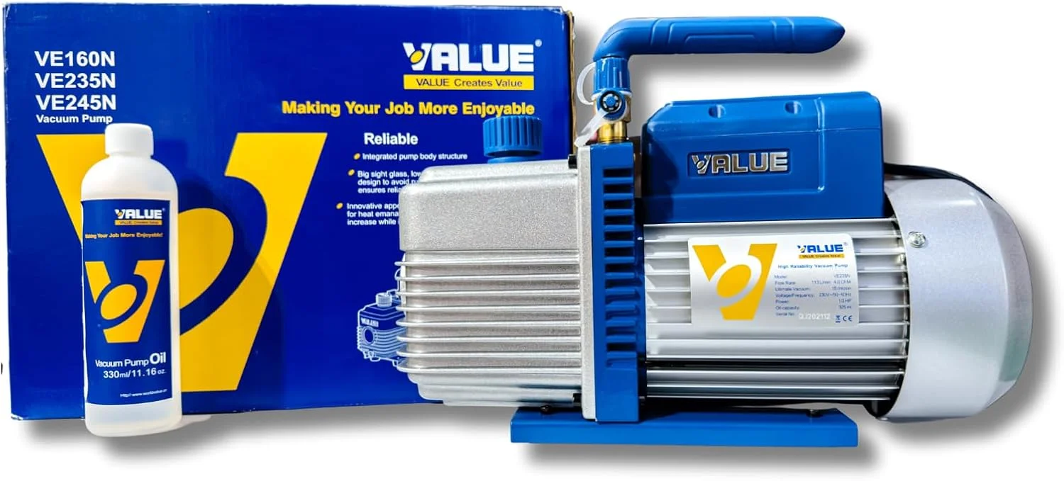 پمپ وکیوم دو مرحله ای روتاری VALUE VE235N | 3.5 CFM، موتور 1/3 اسب بخار، وکیوم عمیق 15 میکرون | پمپ روغن مهر و موم شده قابل اعتماد برای سرویس HVAC، تبرید و کاربردهای آزمایشگاهی