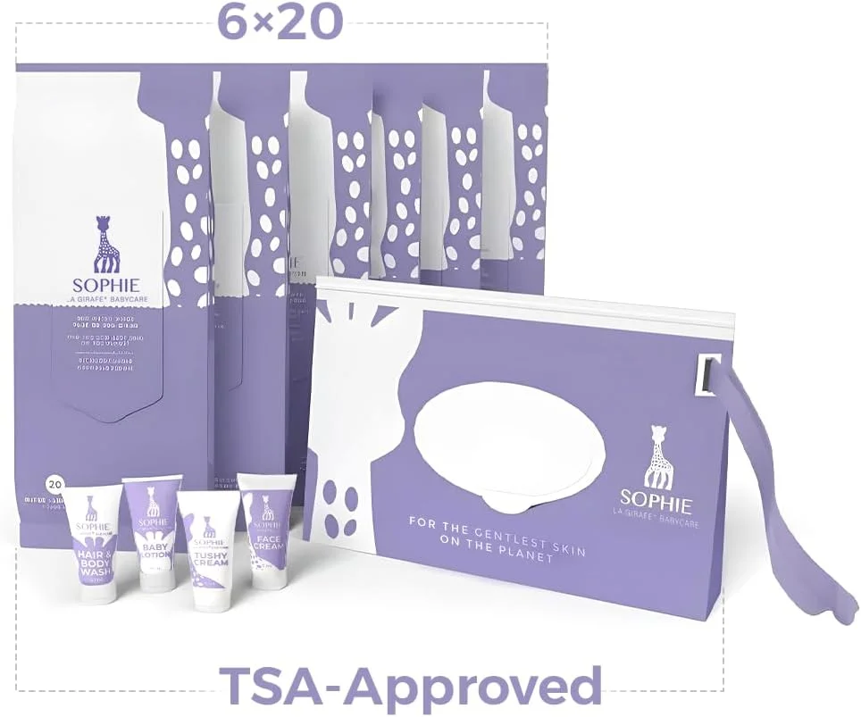 ست مراقبت از نوزاد ارگانیک Sophie la Girafe Babycare Tiny Traveler - کیت مسافرتی مناسب کیف پوشک با 4 محصول ضروری + کیف دستمال مرطوب قابل استفاده مجدد + 6 بسته دستمال 20 عددی - مورد تایید TSA و سازگار با محیط زیست
