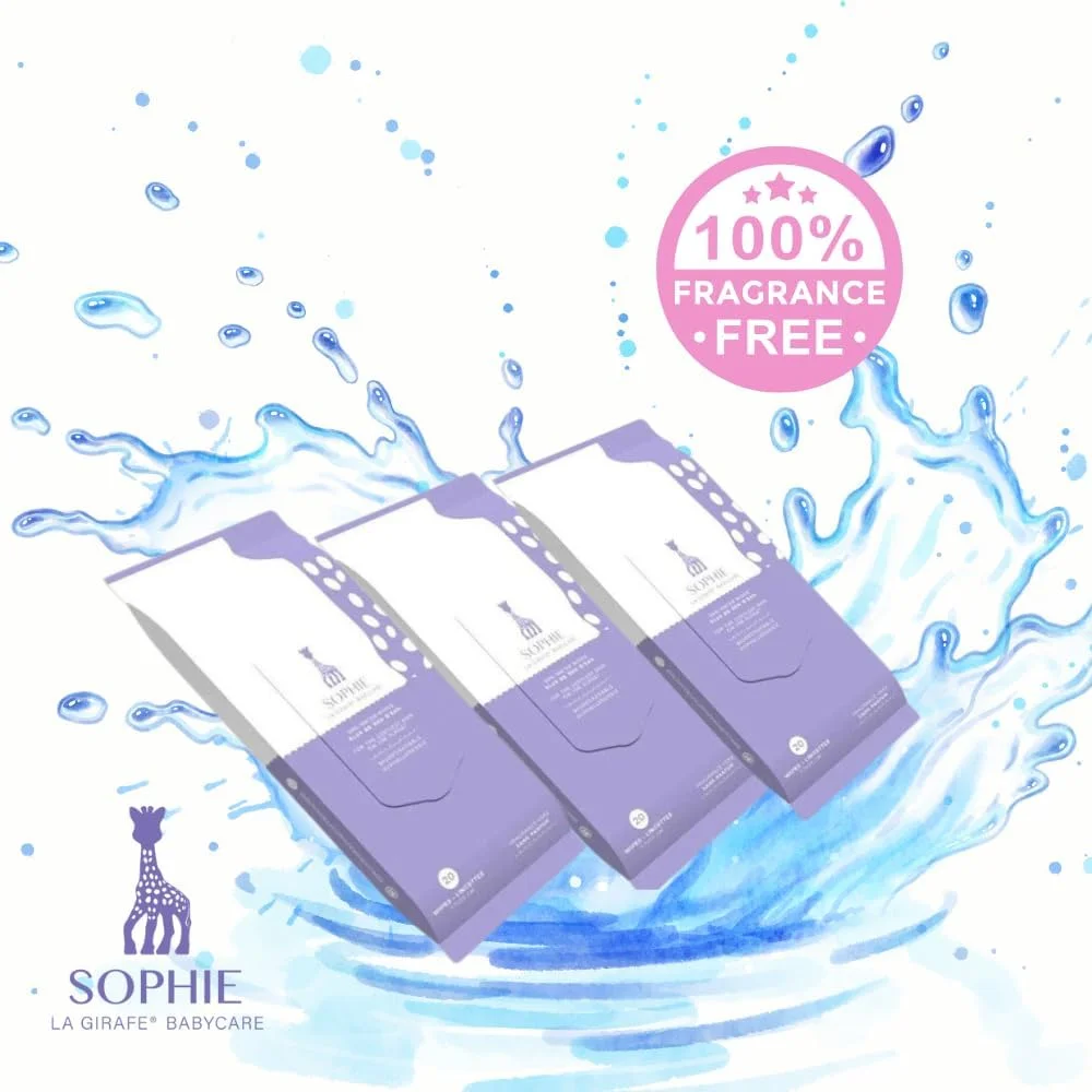 ست مراقبت از نوزاد ارگانیک Sophie la Girafe Babycare Tiny Traveler - کیت مسافرتی مناسب کیف پوشک با 4 محصول ضروری + کیف دستمال مرطوب قابل استفاده مجدد + 6 بسته دستمال 20 عددی - مورد تایید TSA و سازگار با محیط زیست