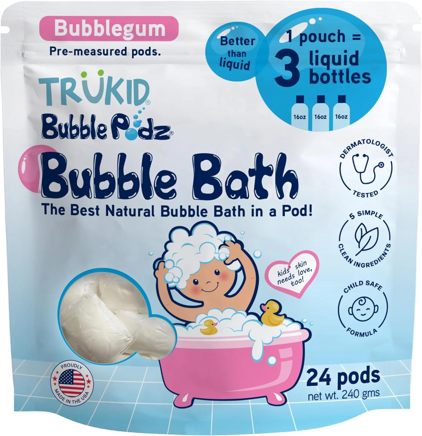 حمام کف کودک TruKid Bubble Podz برای کودکان، نوپایان و نوزادان، بمب حمام ملایم و بدون اشک با طراوت برای پوست های حساس با مرطوب کننده های طبیعی، غیر سمی، متعادل با pH، رایحه آدامس بادکنکی (24 عدد)