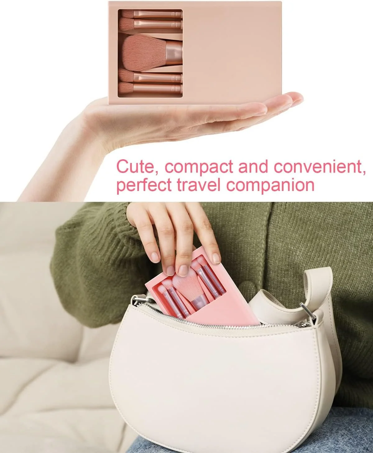 ست برس آرایشی مسافرتی قابل حمل GraGra، 5 تکه، برس های آرایشی نرم و مینی، کیف لوازم آرایشی کاربردی و قابل حمل، صورتی