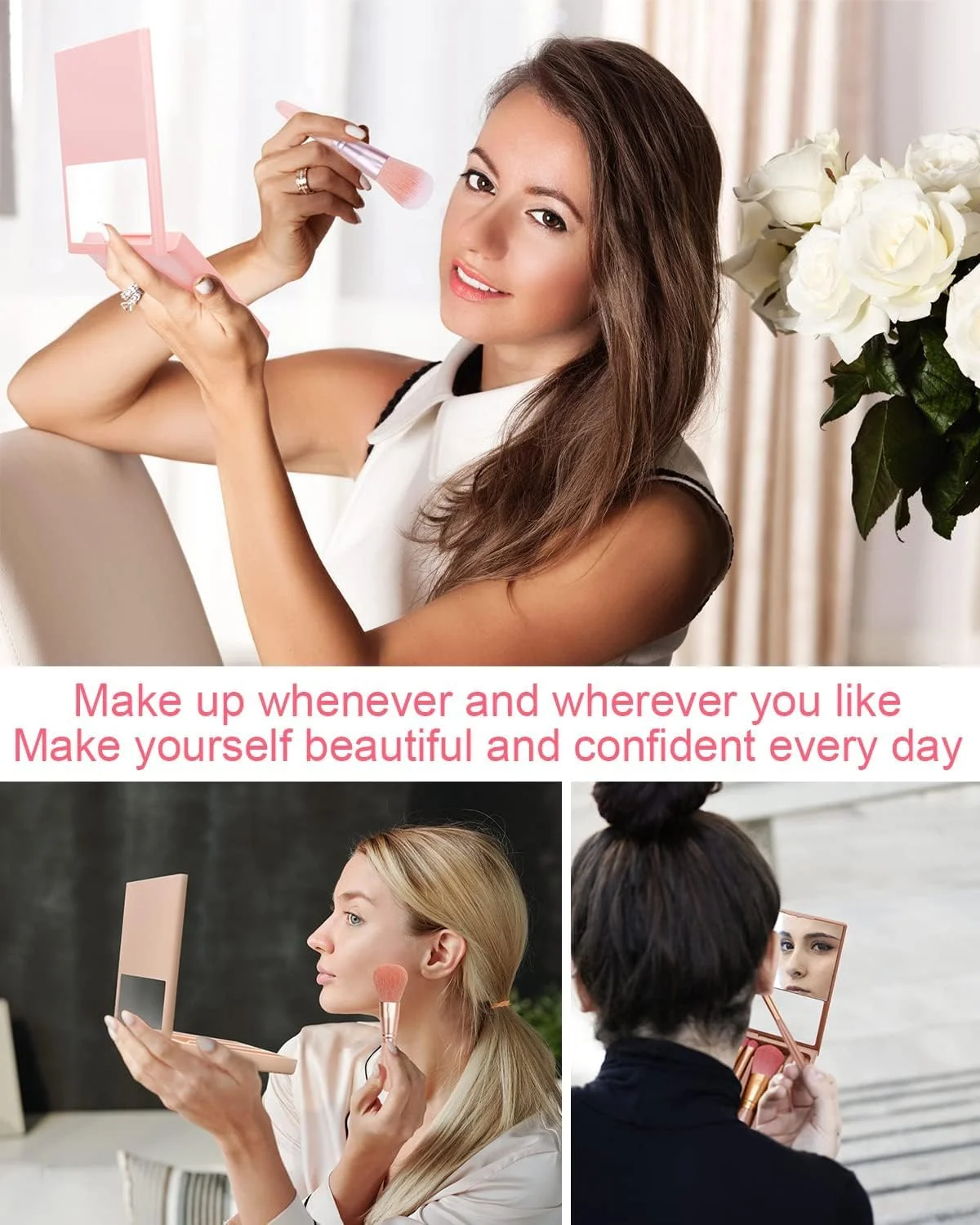 ست برس آرایشی مسافرتی قابل حمل GraGra، 5 تکه، برس های آرایشی نرم و مینی، کیف لوازم آرایشی کاربردی و قابل حمل، صورتی