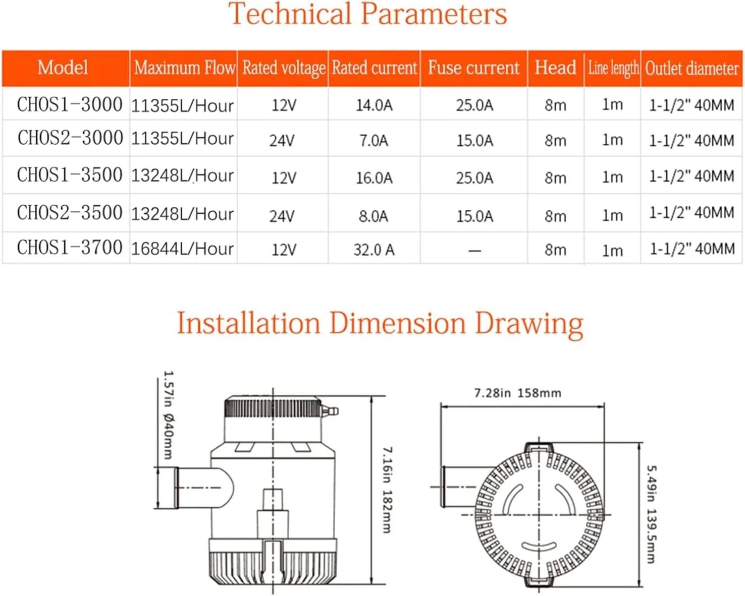 پمپ وکیوم 3700GPH پمپ تخلیه آب بزرگ DC 12v 24v پمپ آب برقی برای قایق ها پمپ آب شناور قایق غوطه ور با سوئیچ شناور 3700 Gph(12v)