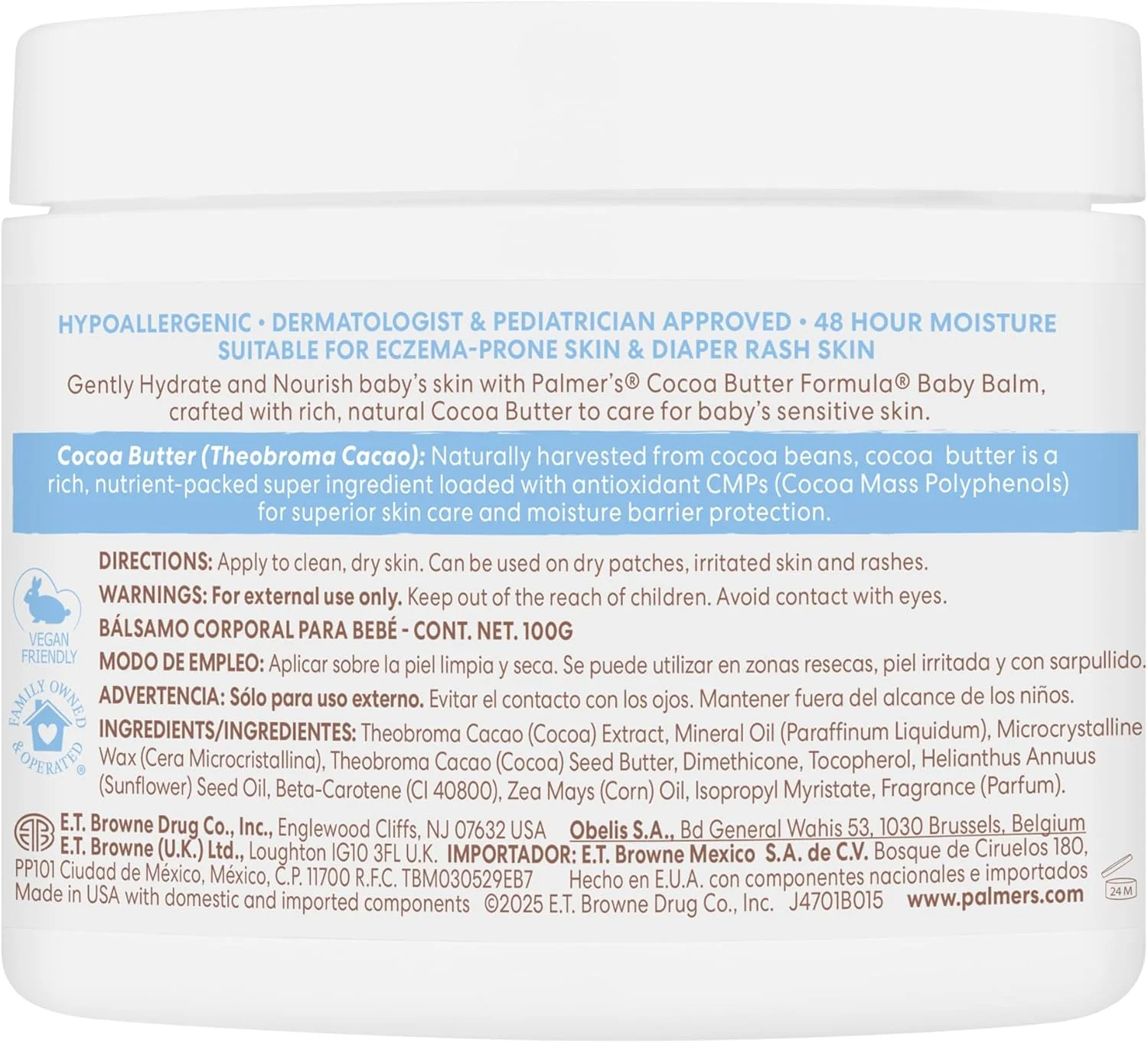 بالم کودک پالمرز، فرمول کره کاکائو، کرم آبرسان کودک، 100 گرم، تغذیه کننده پوست خشک، اگزما، کلاه گهواره و کرم بثورات پوشک، ضد حساسیت، 48 ساعت رطوبت، لوازم ضروری تست شده توسط متخصص پوست