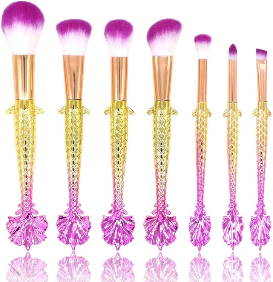 مجموعه برس آرایشی گوبای - 7 برس کانتور دم پری دریایی، برس ماهی کوچک هایلایت، برس تعمیر ظرفیت بالا، برس رژگونه، ابزار آرایش زیبایی بادوام (رنگ: طلایی)