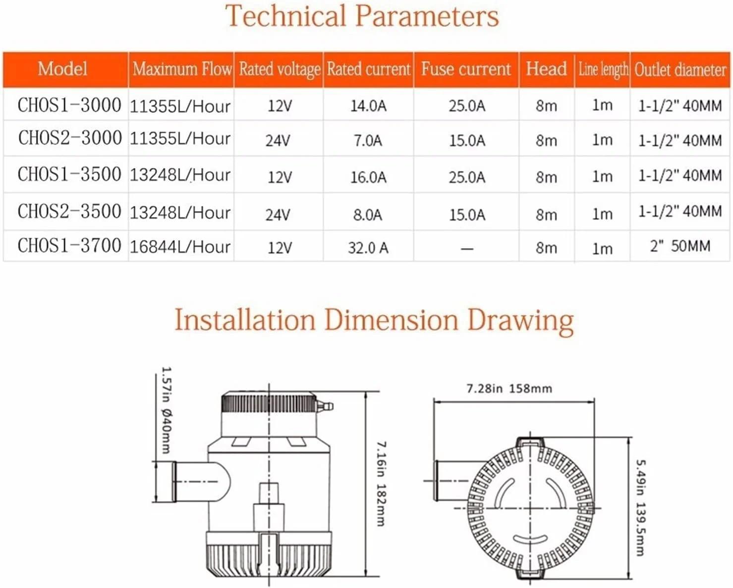 پمپ وکیوم 3000GPH با جریان بزرگ DC 12v 24v پمپ لجن کش برقی پمپ آب برای لوازم جانبی قایق، پمپ آب قایق شناور 12 24 ولت (12 ولت)