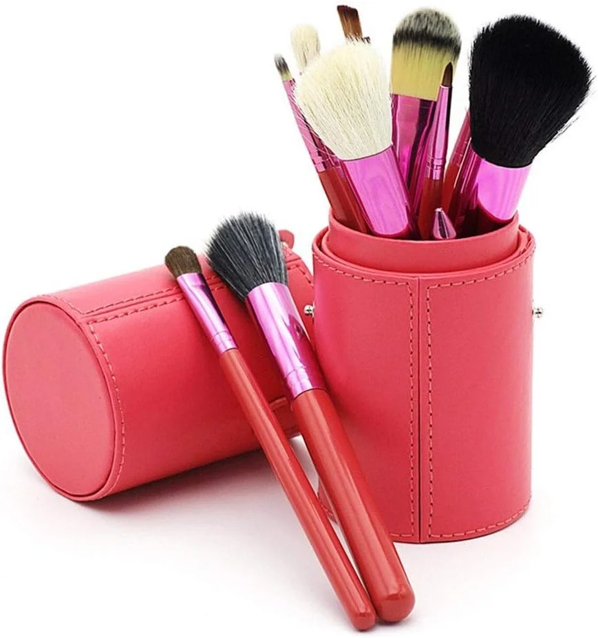 مجموعه برس آرایشی گوبای - 12 عدد برس آرایشی به همراه نگهدارنده، لوله، کاپ چرمی قابل حمل، موی نایلونی نرم - قرمز (رنگ: صورتی)