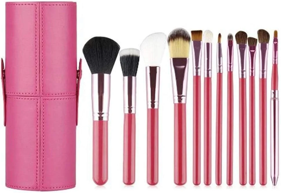 مجموعه برس آرایشی گوبای - 12 عدد برس آرایشی به همراه نگهدارنده، لوله، کاپ چرمی قابل حمل، موی نایلونی نرم - قرمز (رنگ: صورتی)