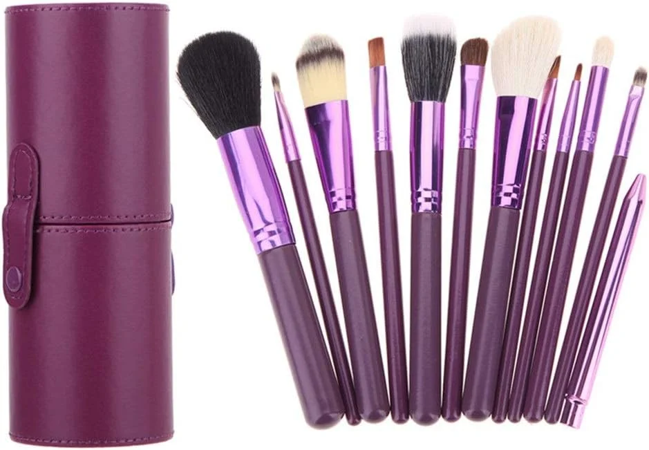 مجموعه برس آرایشی گوبای - 12 عدد برس آرایشی با نگهدارنده، لوله، کاپ چرمی قابل حمل و راحت، موی نایلونی - بنفش نرم و بادوام (رنگ: بنفش)