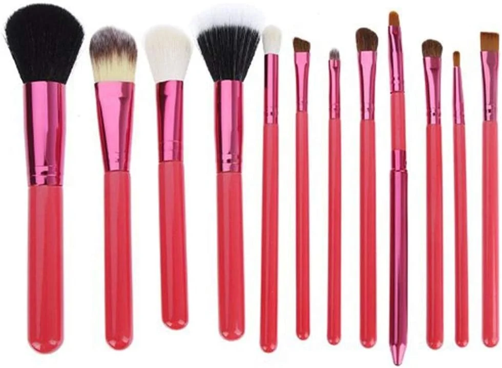 مجموعه برس آرایشی گوبای - 12 عدد برس آرایشی به همراه نگهدارنده، لوله، کاپ چرمی قابل حمل، موی نایلونی نرم - قرمز (رنگ: صورتی)