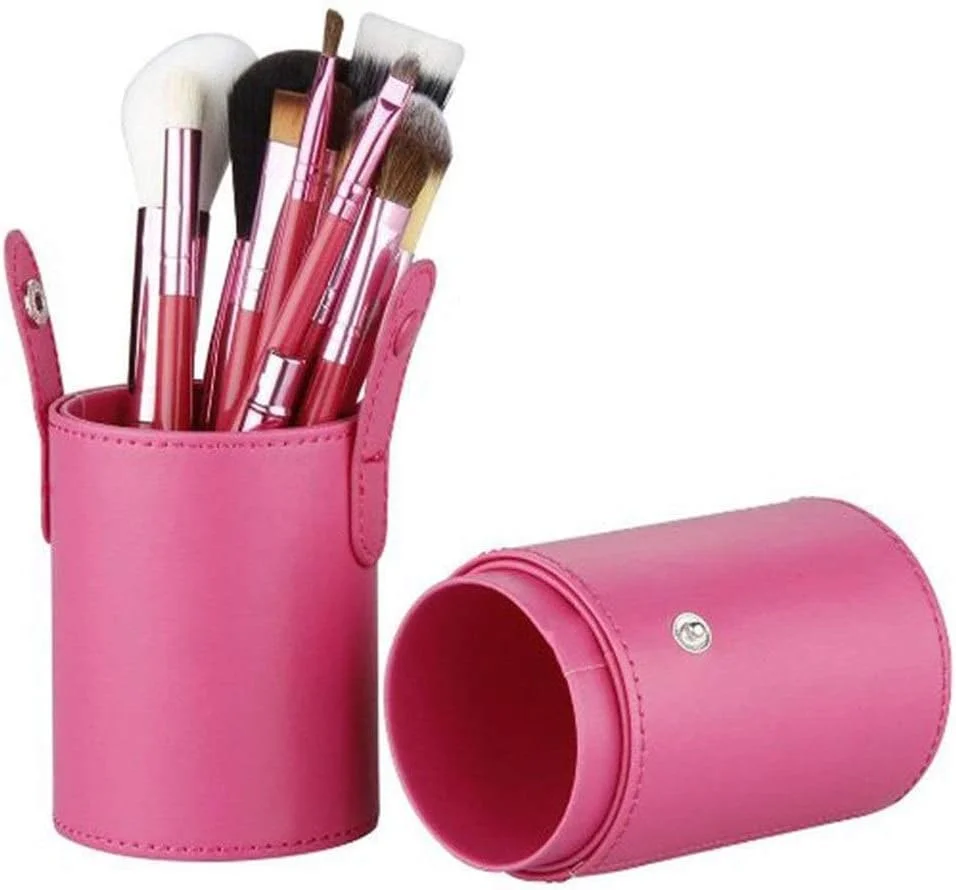 مجموعه برس آرایشی گوبای - 12 عدد برس آرایشی به همراه نگهدارنده، لوله، کاپ چرمی قابل حمل، موی نایلونی نرم - قرمز (رنگ: صورتی)