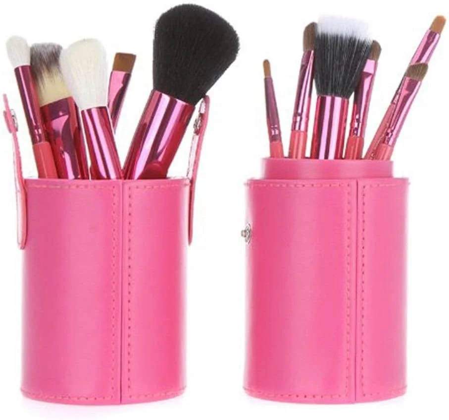 مجموعه برس آرایشی گوبای - 12 عدد برس آرایشی به همراه نگهدارنده، لوله، کاپ چرمی قابل حمل، موی نایلونی نرم - قرمز (رنگ: صورتی)