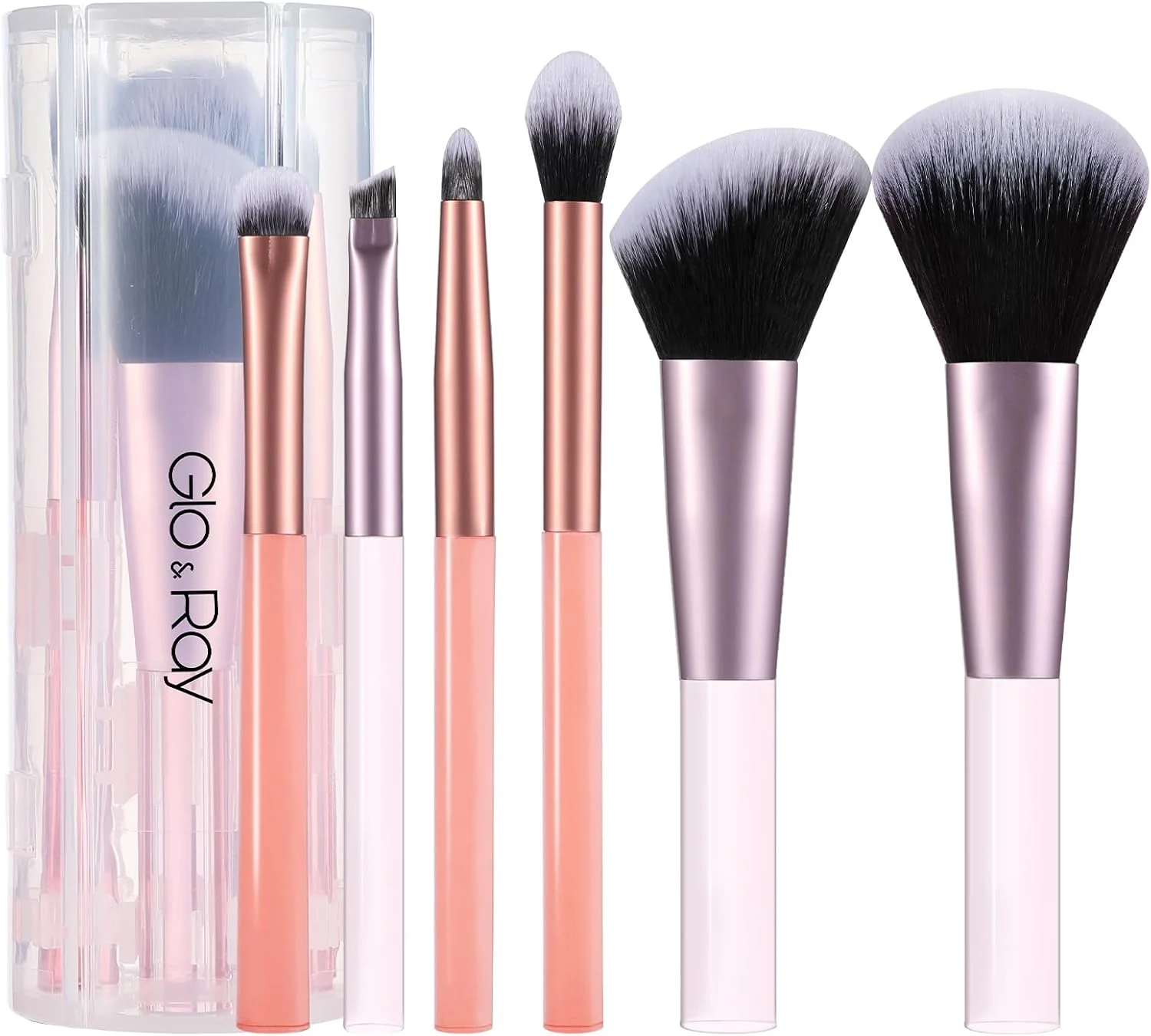 ست برس آرایشی مسافرتی GLO&RAY 6 تکه - برس های آرایشی سایز مینی مسافرتی برای کرم پودر، سایه چشم، پودر، کانسیلر، رژگونه، خط چشم و ترکیب ابرو، کیت برس های آرایشی قابل حمل با کیف