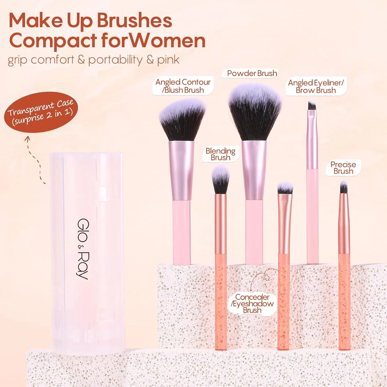 ست برس آرایشی مسافرتی GLO&RAY 6 تکه - برس های آرایشی سایز مینی مسافرتی برای کرم پودر، سایه چشم، پودر، کانسیلر، رژگونه، خط چشم و ترکیب ابرو، کیت برس های آرایشی قابل حمل با کیف ست برس آرایشی مسافرتی GLO&RAY 6 تکه - برس های آرایشی سایز مینی مسافرتی برای کرم پودر، سایه چشم، پودر، کانسیلر، رژگونه، خط چشم و ترکیب ابرو، کیت برس های آرایشی قابل حمل با کیف