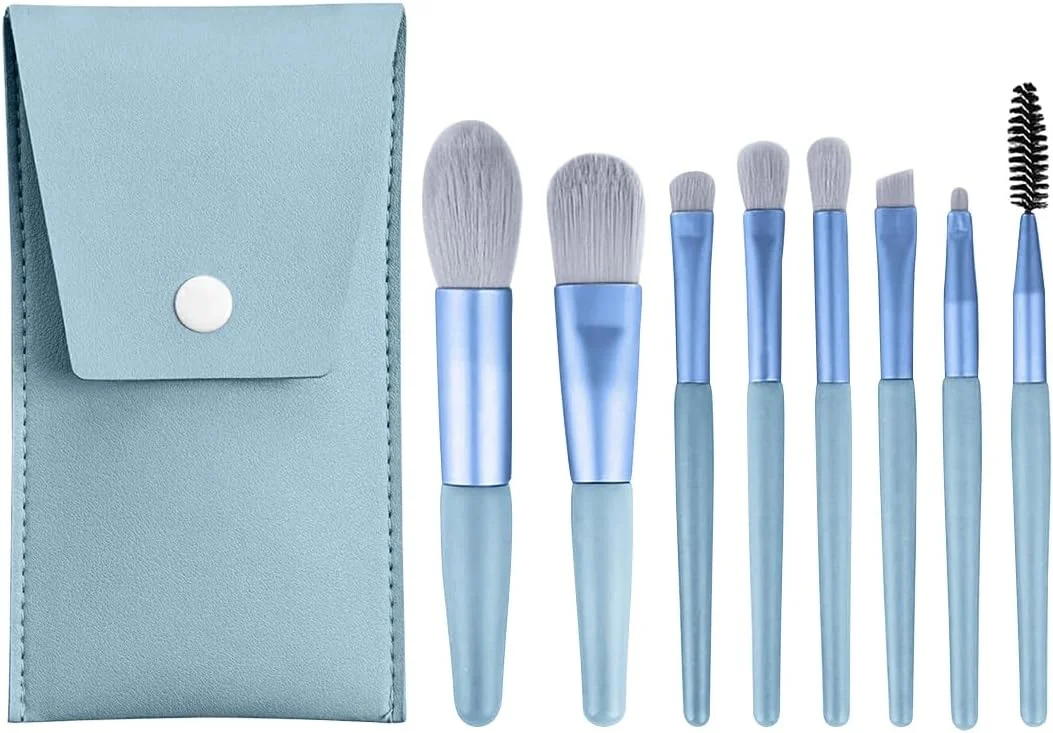 ست براش آرایشی 8 تکه Gleva با کیف، براش های آرایشی ممتاز کابوکی مصنوعی برای کرم پودر، کانسیلر، سایه چشم، رژگونه حرفه ای، پودر صورت، هایلایتر، کانتور، ترکیب خط چشم (آبی)
