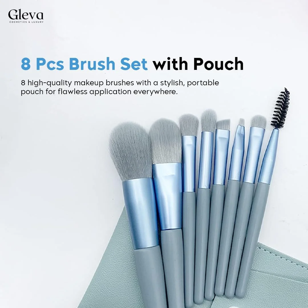 ست براش آرایشی 8 تکه Gleva با کیف، براش های آرایشی ممتاز کابوکی مصنوعی برای کرم پودر، کانسیلر، سایه چشم، رژگونه حرفه ای، پودر صورت، هایلایتر، کانتور، ترکیب خط چشم (آبی)