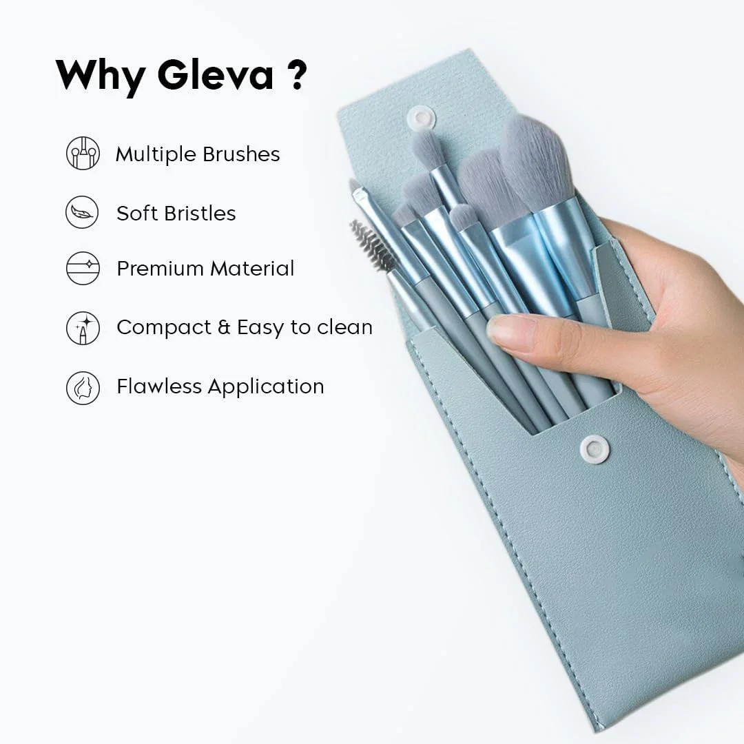 ست براش آرایشی 8 تکه Gleva با کیف، براش های آرایشی ممتاز کابوکی مصنوعی برای کرم پودر، کانسیلر، سایه چشم، رژگونه حرفه ای، پودر صورت، هایلایتر، کانتور، ترکیب خط چشم (آبی)