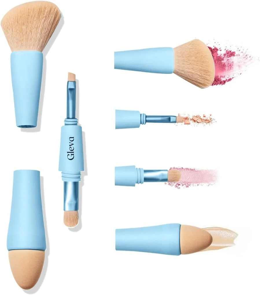 براش آرایشی چندکاره 4 در 1 Gleva، ست براش آرایشی مسافرتی جداشدنی، اسفنج آرایشی همه کاره، براش سایه چشم، ابرو، خط چشم، رژگونه و براش ترکیب کننده برای کرم پودر، کانسیلر و پودر (آبی)