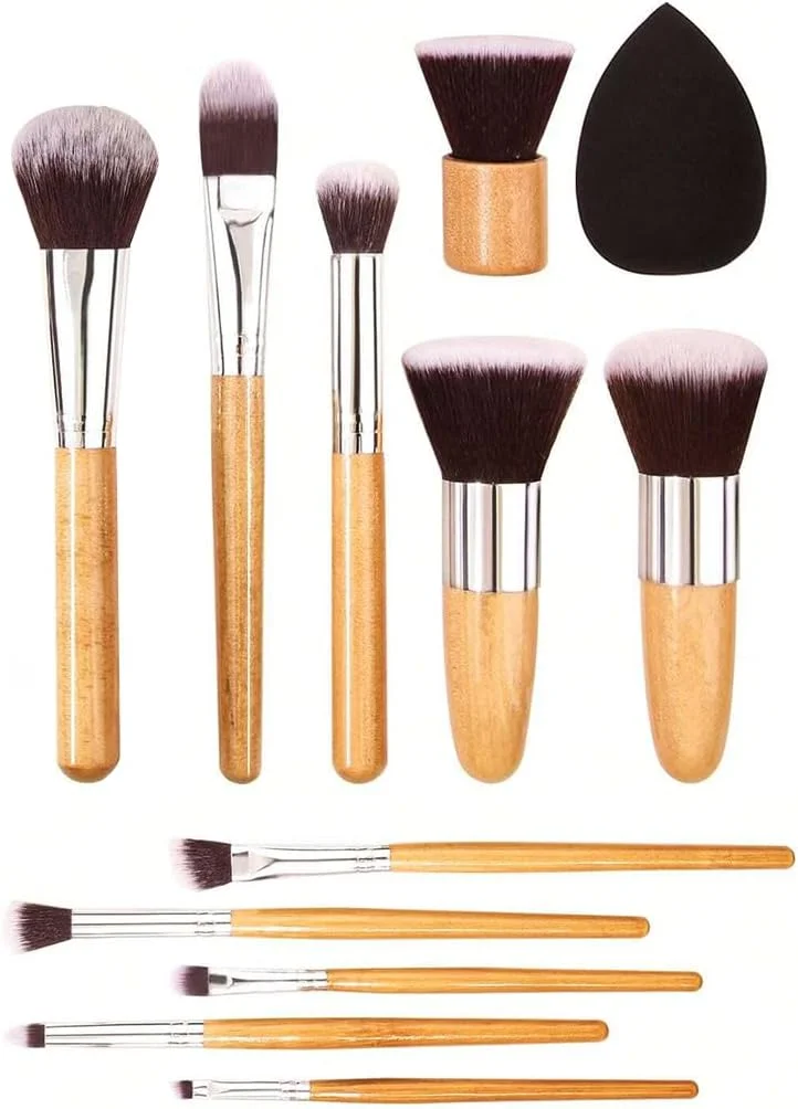 ست براش آرایشی Gleva شامل 11 عدد براش کابوکی مصنوعی بامبو برای کرم پودر، پودر صورت، ترکیب، کانسیلر، سایه چشم، رژگونه، هایلایتر، کانتور، ابرو، خط چشم به همراه یک اسفنج