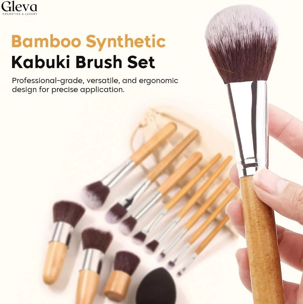 ست براش آرایشی Gleva شامل 11 عدد براش کابوکی مصنوعی بامبو برای کرم پودر، پودر صورت، ترکیب، کانسیلر، سایه چشم، رژگونه، هایلایتر، کانتور، ابرو، خط چشم به همراه یک اسفنج